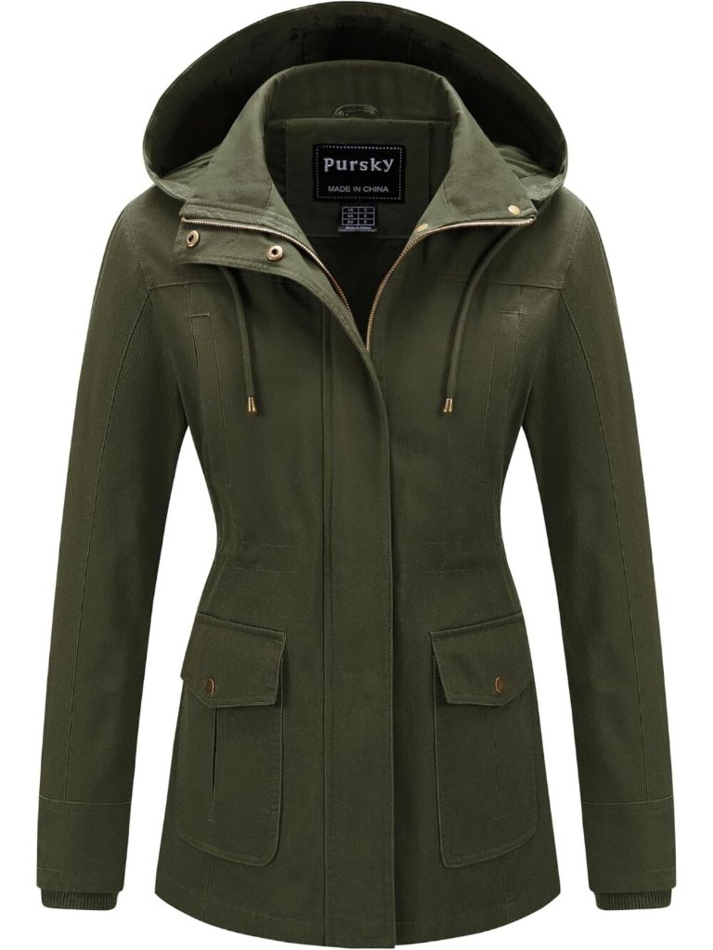 Women's Green Cotton Removable Drawstring Hood Military Utility Anorak Jacket